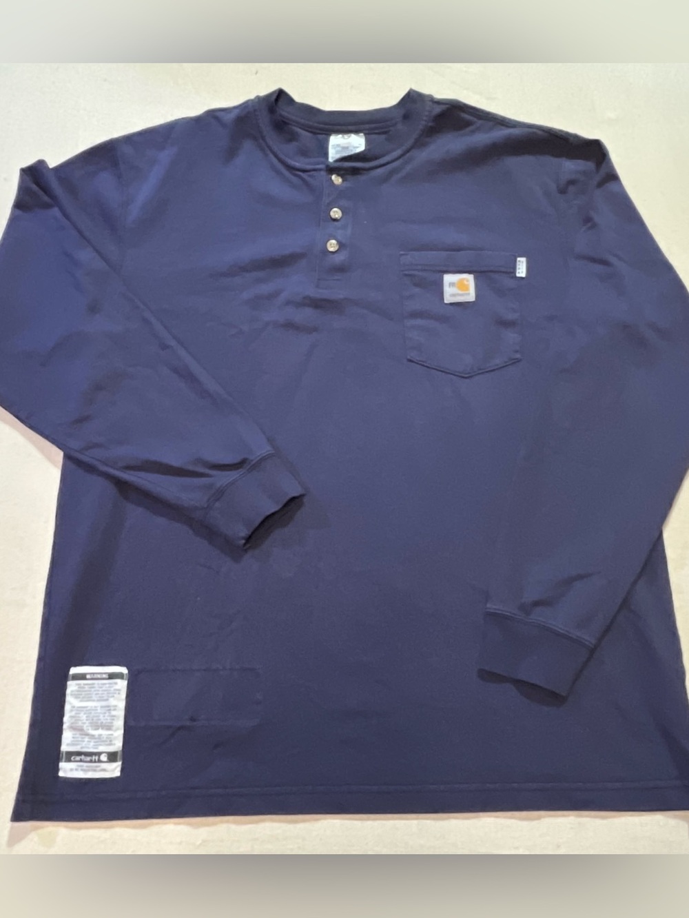 Carhartt Flame Resistant Weathered Navy Long Sleeve Henley Pullover, Sz L